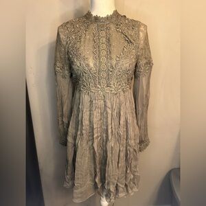 Free People Lace Long Sleeve Dress in Grey/Green Sz 4 - NWT
